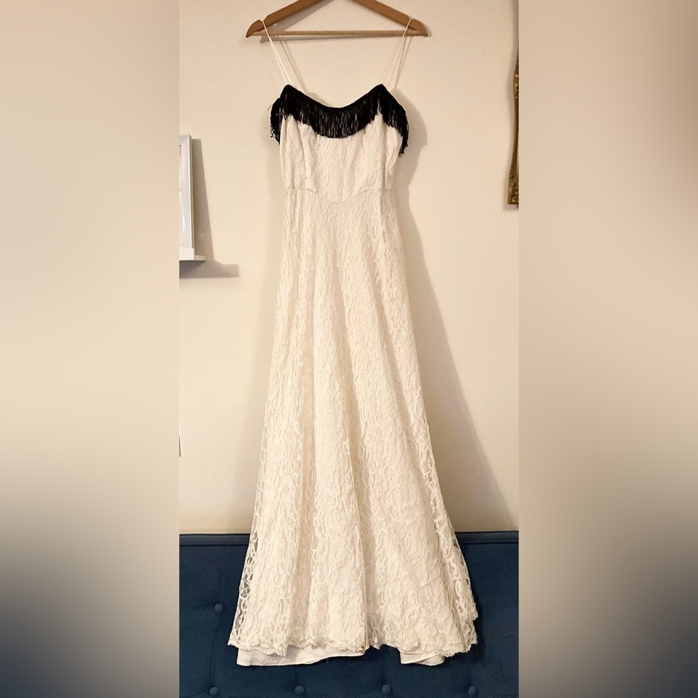 Zarnett Vintage White Lace Dress with Black Fringe Trim 1950s-70s Wedding Dress